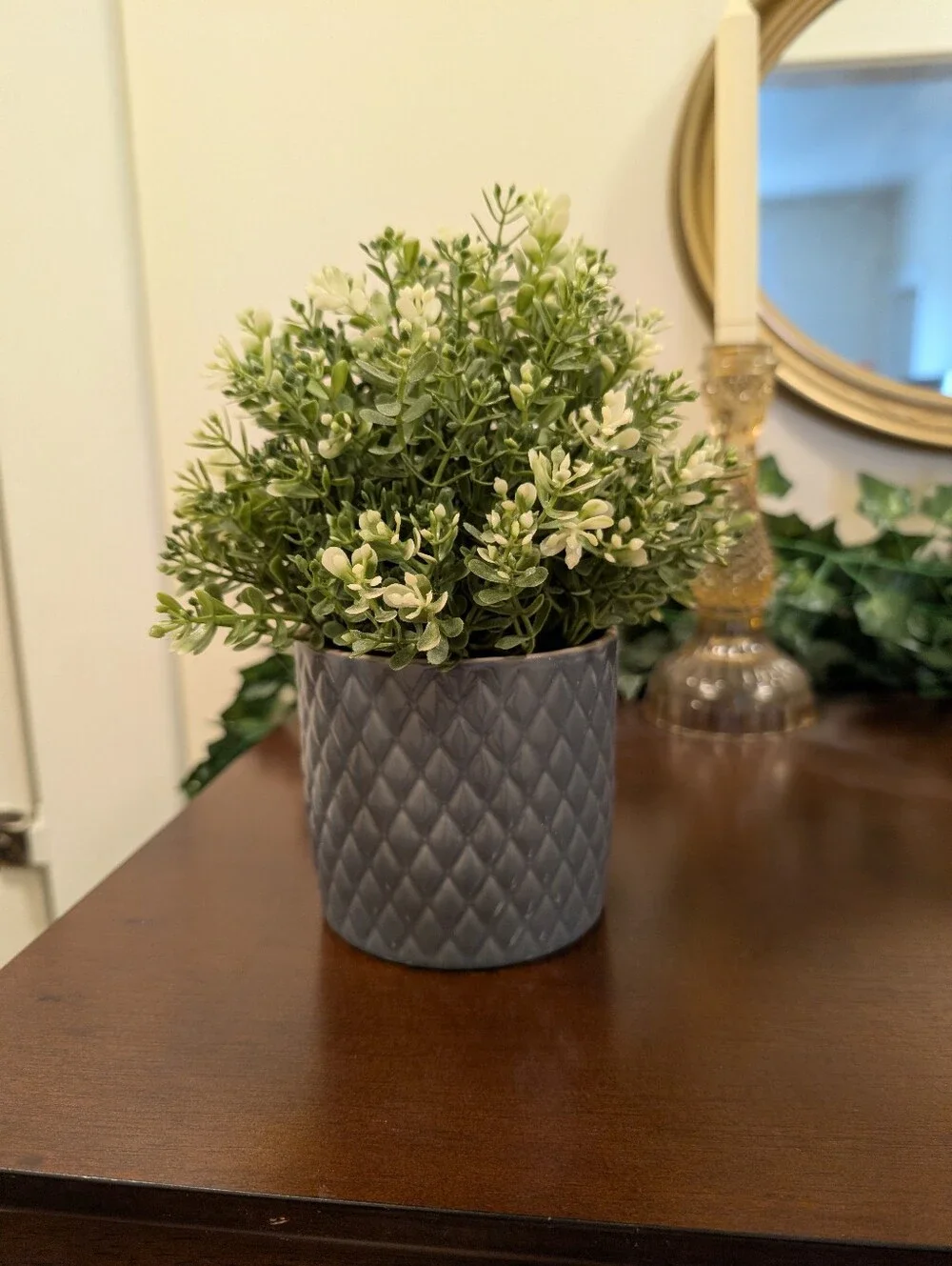 IKEA Gray Quilted Planter with Green Faux Blooms Plant